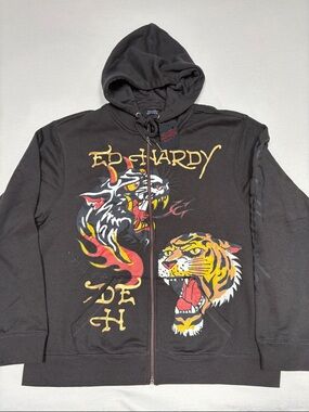 Ed Hardy Full Zip Hoodie with Logo and Graphics -Tiger/Dragon 
Style EHMR1301-13